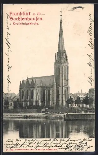 AK Frankfurt a. M.-Sachsenhausen, Blick auf die Dreikönigskirche vom Wasser aus