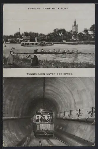 AK Berlin-Stralau, Dorf mit Kirche, Tunnelbahn unter der Spree