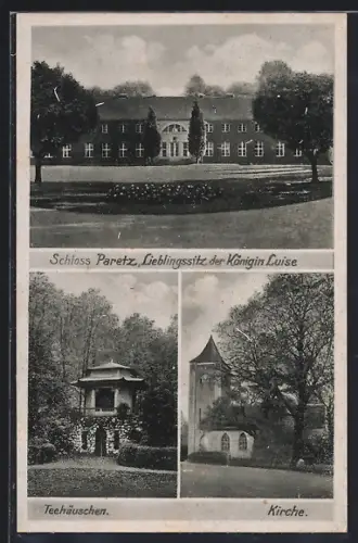 AK Ketzin, Schloss Paretz, Gesamtansicht, Teehäuschen und Kirche