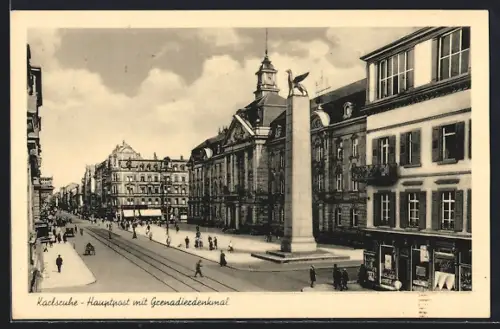 AK Karlsruhe, Hauptpost mit Cafe und Grenadierdenkmal