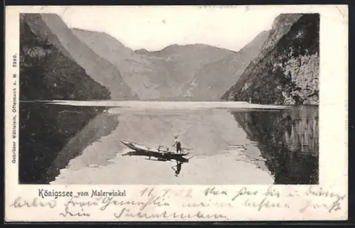AK Königssee / Berchtesgaden, Panorama mit Boot vom Malerwinkel aus