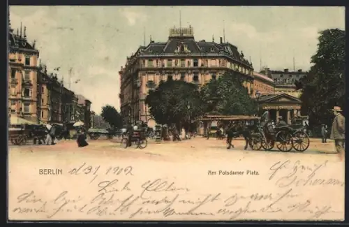 AK Berlin-Tiergarten, Am Potsdamer Platz mit Kutschen und Palast-Hotel