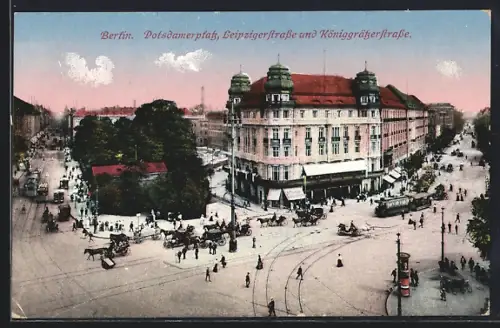 AK Berlin-Tiergarten, Potsdamer Platz, Leipzigerstrasse und Königgrätzerstrasse, Kutschen und Strassebahnen