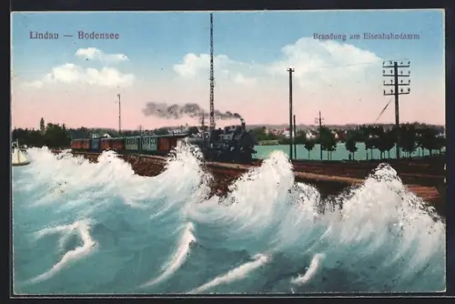 AK Lindau / Bodensee, Brandung am Eisenbahndamm