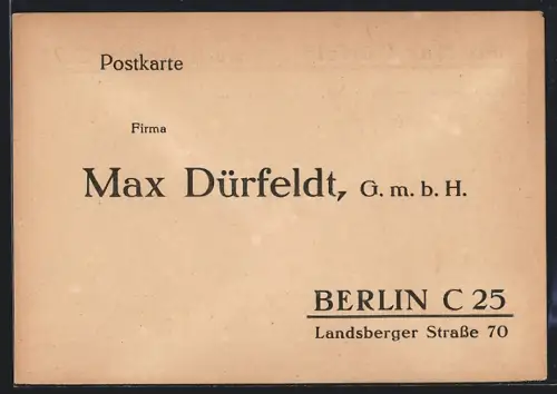 AK Berlin, Firma Max Dürfeldt GmbH, Landsberger Strasse 70, Bestellkarte