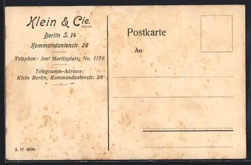 AK Berlin, Firma Klein & Cie., Kommandantenstr. 28, Korrespondenzkarte