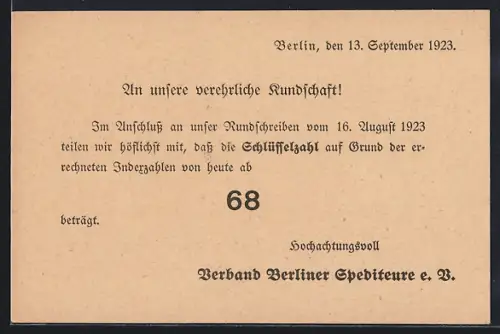 AK Berlin, Verband Berliner Spediteure, Mitteilung über Schlüsselzahl