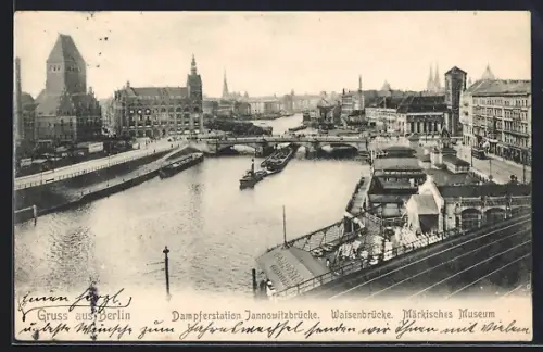 AK Berlin, Dampferstation Jannowitzbrücke, Waisenbrücke u. Märkisches Museum aus der Vogelschau