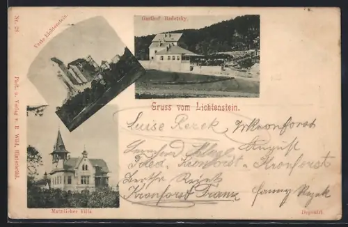 AK Maria Enzersdorf, Burg Liechtenstein, Gasthof Radetzky, Mannlicher Villa, Veste