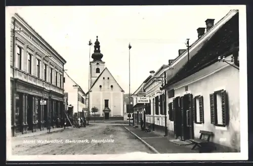 AK Bad Waltersdorf /Steiermark, Zahn-Atelier, Hauptplatz, Kirche