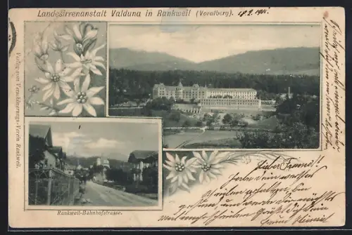 AK Rankweil, Landesirrenanstalt Valduna aus der Ferne, Bahnhofstrasse