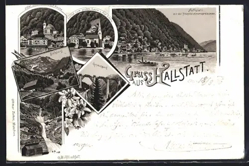 Lithographie Hallstatt, Hotel Seeauser u. Kath. Kirche, Gosauzwang, Statzbert