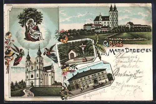 AK Maria Dreieichen, Blick auf die Wallfahrtskirche und Schiedlbauer`s Gasthof