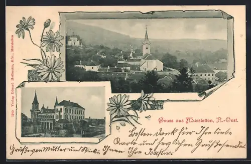 AK Perschling /N.-Oe., Gruss aus Murstetten, Blick über die Dächer, Blumen-Passepartout