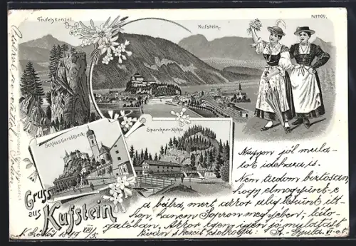 Lithographie Kufstein, Schloss Geroldseck, Teufelskanzel, Sparchner Mühle