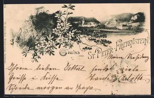 AK St. Peter-Freienstein, Gruss mit Ortsansichten und Blumen