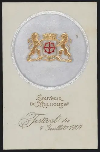 AK Mulhouse, Souvenir du Festival du 7 Juillet 1904 avec blason doré sur fond argenté