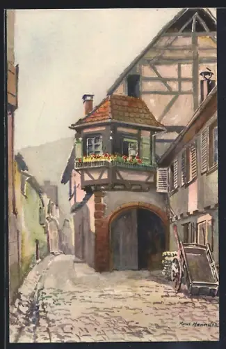 Künstler-AK Kaisersberg, Rue pittoresque avec maisons à colombages et charrette