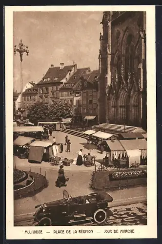 AK Mulhouse, Place de la Réunion, jour de marché animé avec étals et passants