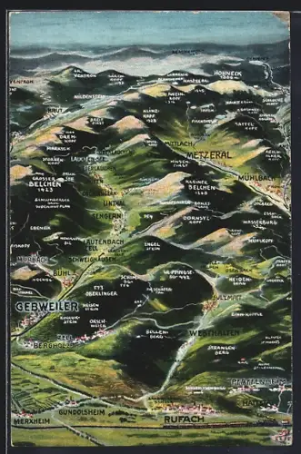 Künstler-AK Gebweiler /Vogesen, Vogelschau aus den Vogesen mit Metzeral, Mühlbach, Belchen