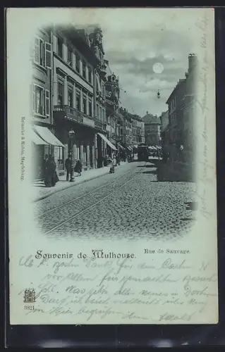 Mondschein-AK Mulhouse, Rue de Sauvage avec tramway et bâtiments historiques