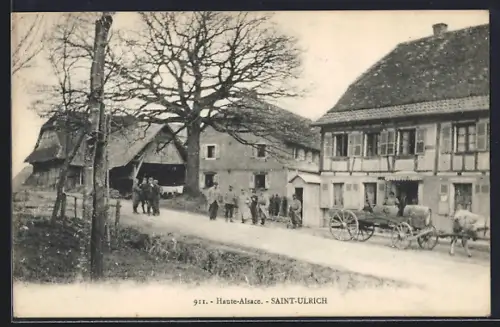 AK Saint-Ulrich /Haute-Alsace, Scène de rue avec maisons à colombages et chariot à cheval