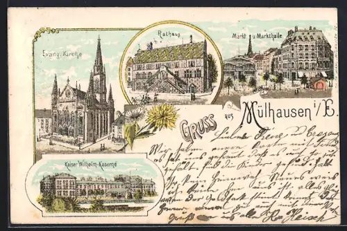 Lithographie Mülhausen i. E., Rathaus, Markt u. Markthalle, Kaiser-Wilhelm-Kaserne