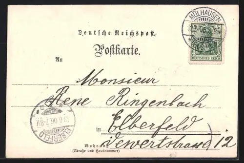 Lithographie Mülhausen i. E., Rathaus, Markt u. Markthalle, Kaiser-Wilhelm-Kaserne