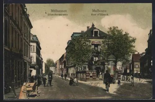 AK Mulhouse, Rue d`Illzach animée avec passants et cyclistes