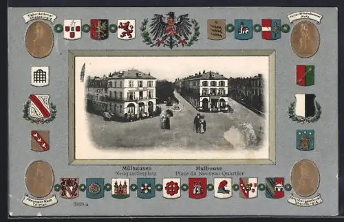 AK Mulhouse, Place du Nouveau Quartier avec bâtiments et passants