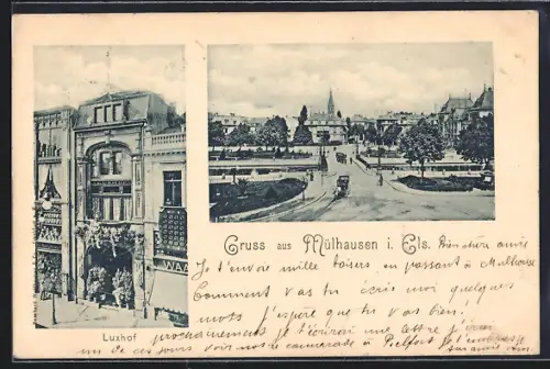 AK Mülhausen i. Els., Gasthaus Luxhof, Strassenpartie mit Auto