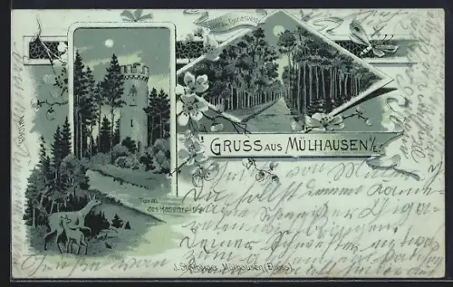 Mondschein-Lithographie Mülhausen i. E., Turm des Hasenrain