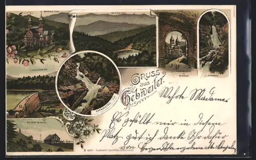 Lithographie Gebweiler, Belchem m. Hotel, Seebachfall, Murbach-Thal