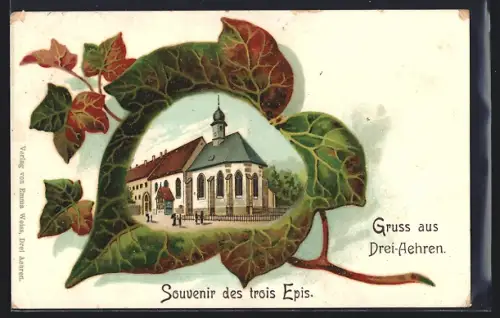 AK Trois Epis, Vue de l`église entourée de feuilles