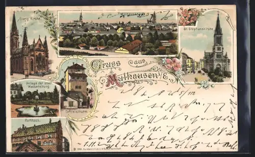 Lithographie Mülhausen i. E., Evang. Kirche, Rathhaus, St. Stephanskirche