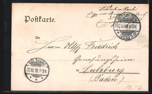 Lithographie Mülhausen i. E., Evang. Kirche, Rathhaus, St. Stephanskirche