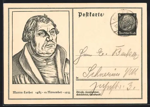 Künstler-AK 450. Geburtstag Martin Luther 1933 mit Porträt, Ganzsache