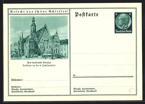 AK Breslau, Blick auf das Rathaus, Ganzsache