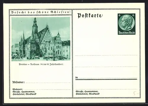 AK Breslau, Blick auf das Rathaus, Ganzsache