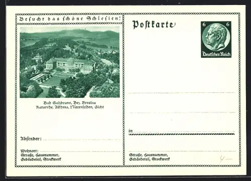 AK Bad Salzbrunn /Breslau, Kurhaus aus der Vogelschau, Ganzsache