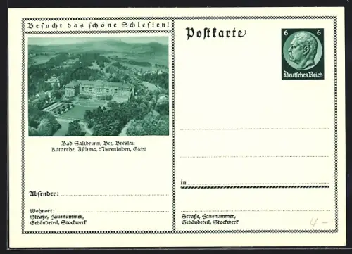 AK Bad Salzbrunn /Breslau, Kurhaus aus der Vogelschau, Ganzsache