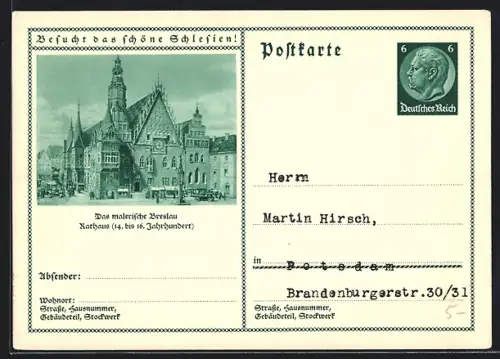 AK Breslau, Blick auf das Rathaus, Ganzsache