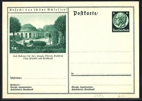 AK Bad Kudowa, Neue Wandel- und Trinkhalle mit Gartenanlage, Ganzsache