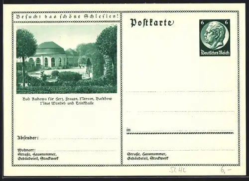 AK Bad Kudowa, Neue Wandel- und Trinkhalle mit Gartenpartie, Ganzsache