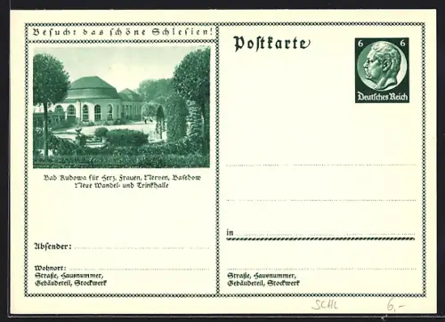 AK Bad Kudowa, Neue Wandel- und Trinkhalle mit Gartenpartie, Ganzsache