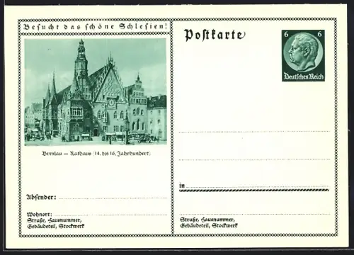 AK Breslau /Schlesien, Blick auf das Rathaus, Ganzsache