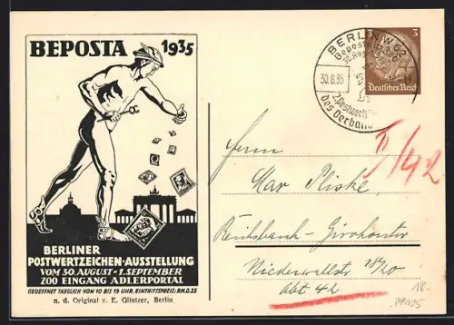 Künstler-AK Berlin, Postwertzeichen-Ausstellung Beposta 1935, Hermes mit Briefmarken, Ganzsache
