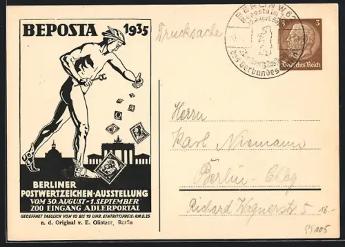 Künstler-AK Berlin, Postwertzeichen-Ausstellung Beposta 1935, Hermes mit Briefmarken, Ganzsache