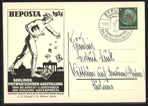 Künstler-AK Berlin, Postwertzeichen-Ausstellung Beposta 1935, Hermes mit Briefmarken, Ganzsache