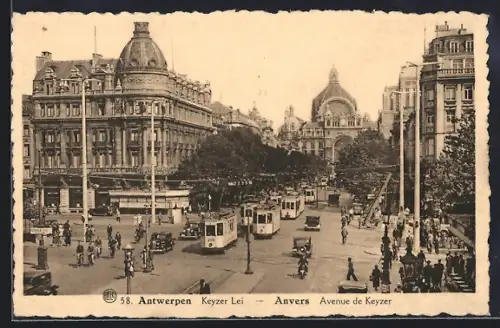 AK Antwerpen, Keyzer Lei mit Strassenbahnen aus der Vogelschau